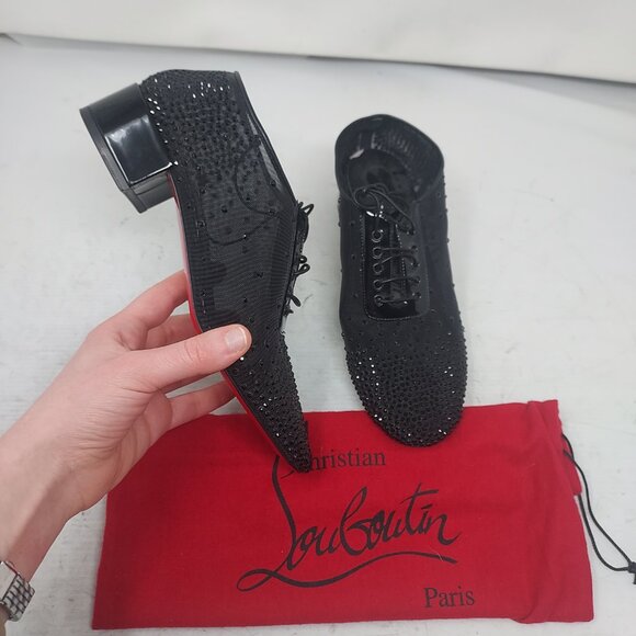 Christian Louboutin Shoes - Christian Louboutin WOMENS Black Crystal Mesh Red Sole Jazz Shoe